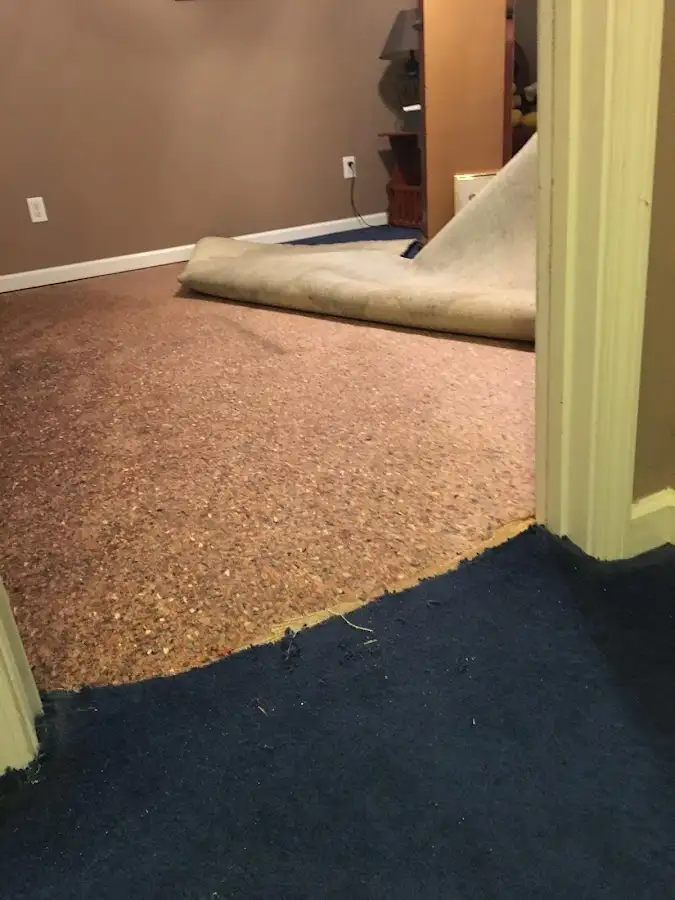 Carpet pad removal revealing water damage during Water Mitigation Services in Red Chute